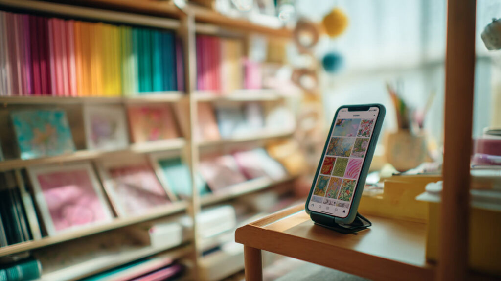 Smartphone op standaard toont Instagram-inspiratie tussen kleurrijke potloden en creatieve materialen op een werktafel
