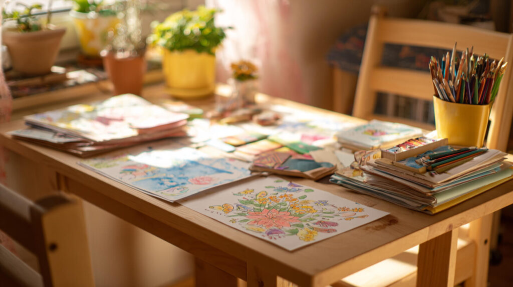 Ingekleurde bloementekening en potloden op een houten tafel bij het knutselen thuis