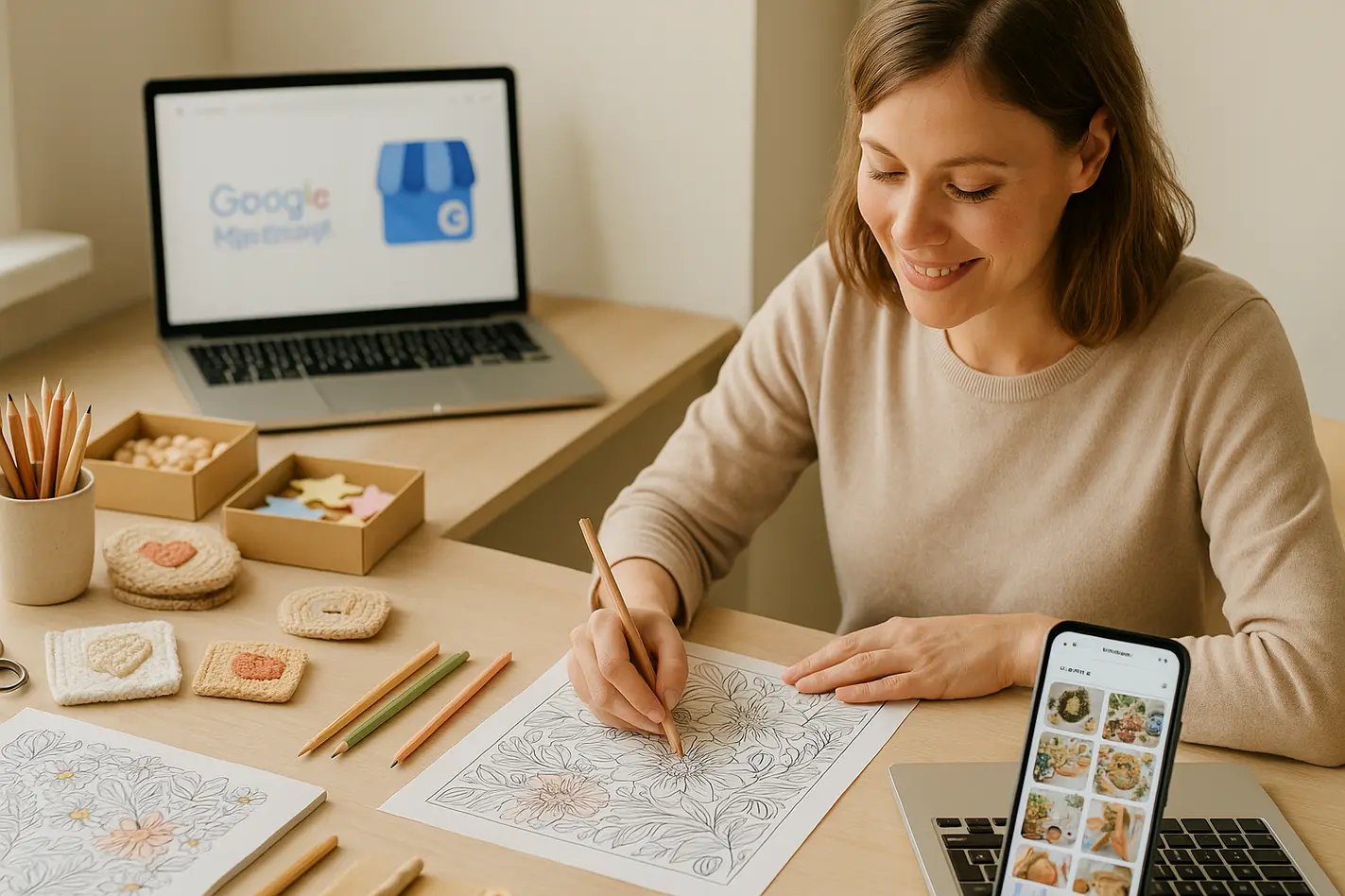 Creatieve hobby producten met laptop tonen sociale media zichtbaarheid online