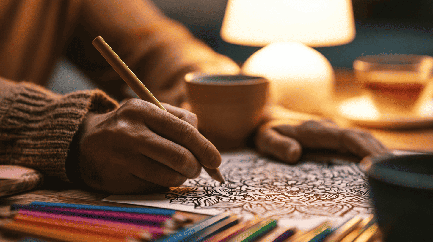 Mandala's inkleuren met kleurpotloden aan een rustige tafel