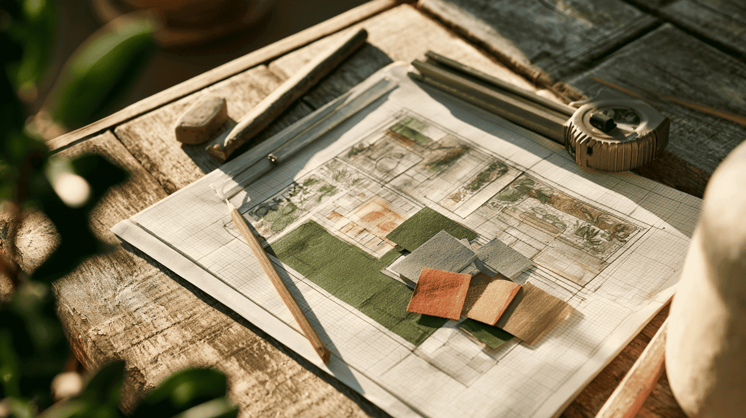 schets van een tuinontwerp op ruitjespapier met potlood, rolmaat en gekleurde papiervormen