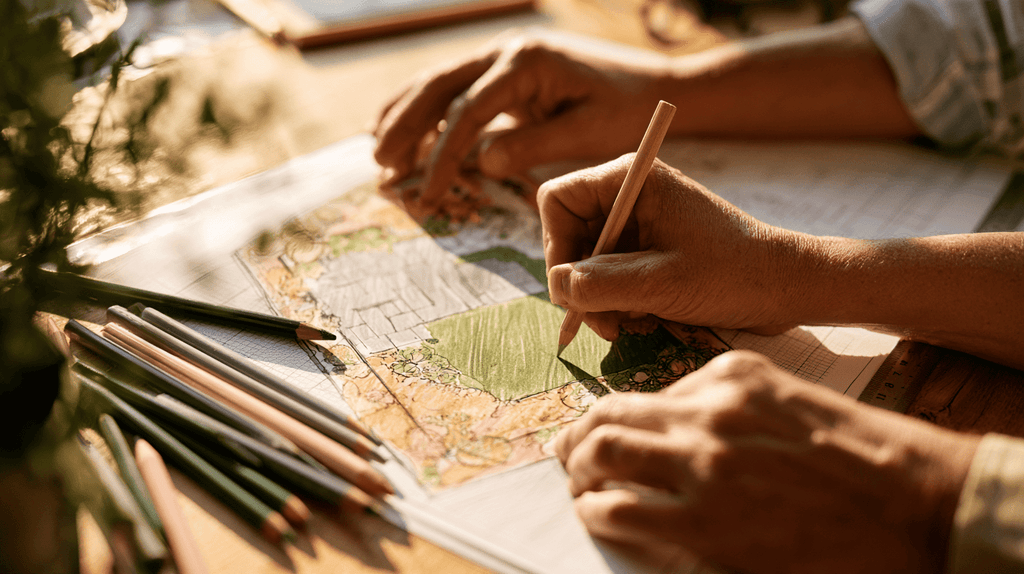 handen die met kleurpotloden zones inkleuren op een tuinplan op schaal
